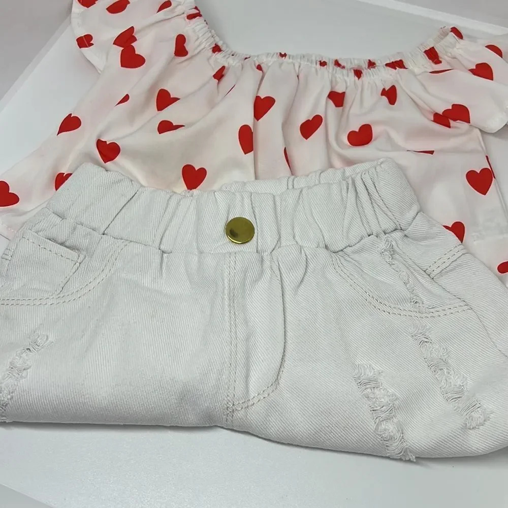 NWT Popopie Distressed Girl Shorts and Heart ruffled Top 18 to 24 months
